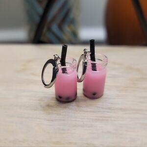 1.5" Handcrafted Mini Bubble Tea Dangle Earrings Pink Boba Milk Tea Jar Straw